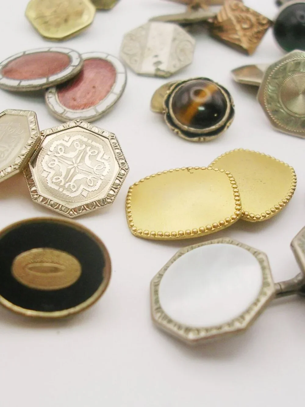 Antique Cufflinks Lot 19 SINGLE gold plate Mother of Pearl Gemstones double side